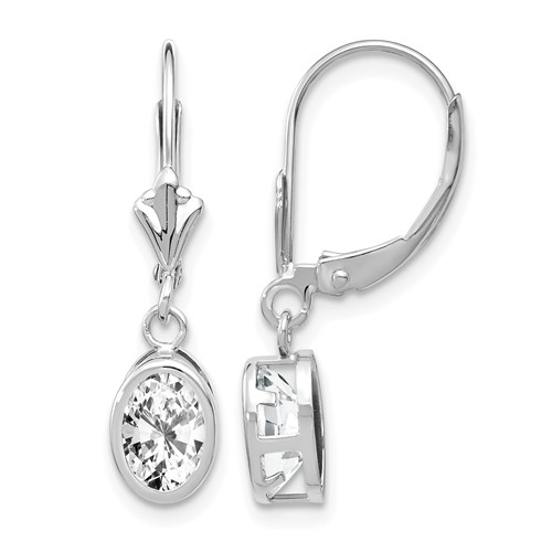 14K White Gold 7x 5mm Oval Cubic Zirconia Bezel Leverback Dangle Earrings