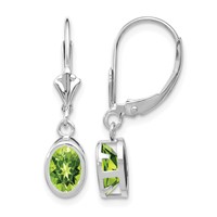 14K White Gold 7x5mm Oval Peridot Bezel Leverback Dangle Earrings view 1
