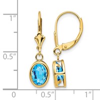 14K Yellow Gold 8x 6mm Oval Blue Topaz Bezel Leverback Dangle Earrings view 4
