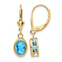 14K Yellow Gold 8x 6mm Oval Blue Topaz Bezel Leverback Dangle Earrings view 1