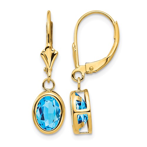 14K Yellow Gold 8x 6mm Oval Blue Topaz Bezel Leverback Dangle Earrings