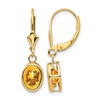 14K Yellow Gold 8x6mm Oval Citrine Bezel Leverback Dangle Earrings view 1