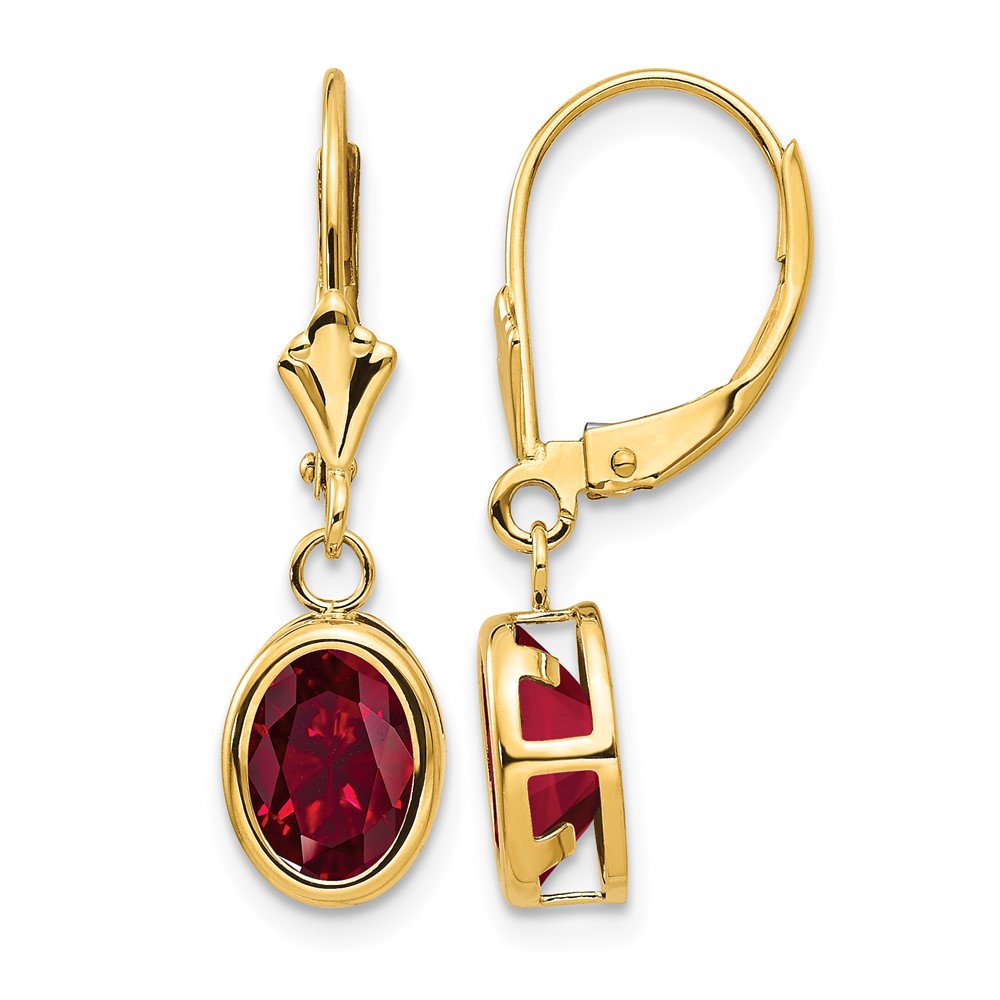 14K Yellow Gold 8x 6mm Oval Lab Created Ruby Leverback Earrings