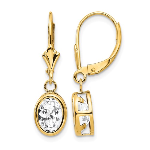 14K Yellow Gold 8x 6mm Oval Cubic Zirconia Bezel Leverback Dangle Earrings
