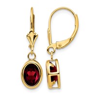 14K Yellow Gold 8x 6mm Oval Garnet Bezel Leverback Dangle Earrings view 1