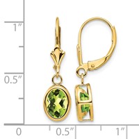 14K Yellow Gold 8x 6mm Oval Peridot Bezel Leverback Dangle Earrings view 4
