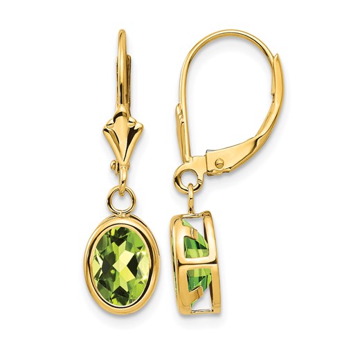 14K Yellow Gold 8x 6mm Oval Peridot Bezel Leverback Dangle Earrings