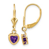 14K 5mm Heart Amethyst Bezel Leverback Dangle Earrings view 1