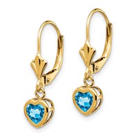 14K 5mm Yellow Gold Heart Blue Topaz Bezel Leverback Dangle Earrings view 2