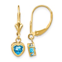 14K 5mm Yellow Gold Heart Blue Topaz Bezel Leverback Dangle Earrings view 1
