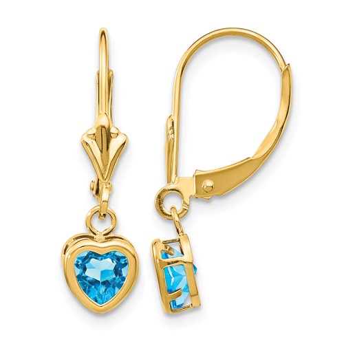 14K 5mm Yellow Gold Heart Blue Topaz Bezel Leverback Dangle Earrings