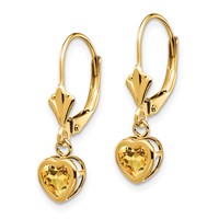 14K 5mm Yellow Gold Heart Citrine Bezel Leverback Dangle Earrings view 2