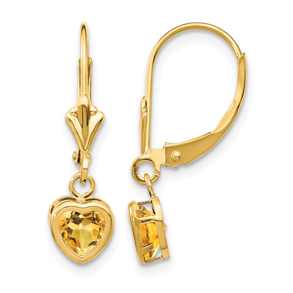 14K 5mm Yellow Gold Heart Citrine Bezel Leverback Dangle Earrings