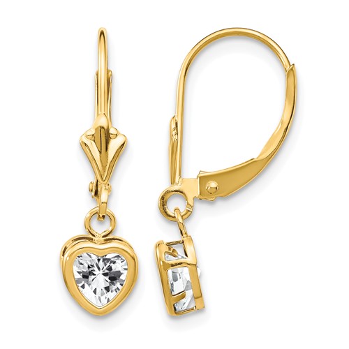 14K 5mm Yellow Gold Heart Cubic Zirconia Bezel Leverback Dangle Earrings