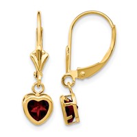 14K 5mm Yellow Gold Heart Garnet Bezel Leverback Dangle Earrings view 1