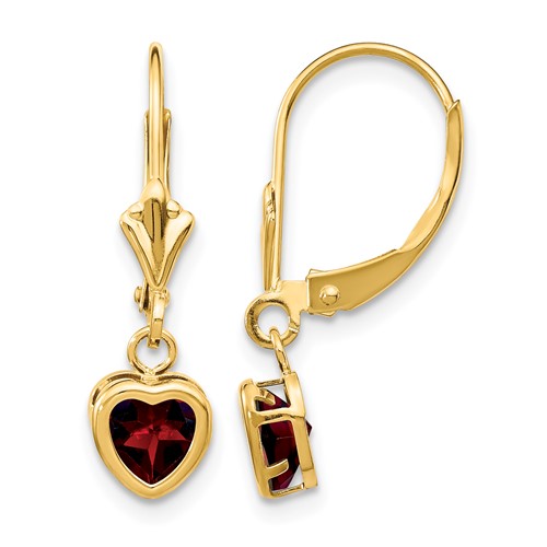 14K 5mm Yellow Gold Heart Garnet Bezel Leverback Dangle Earrings