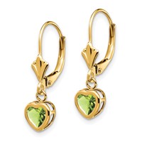 14K 5mm Yellow Gold Heart Peridot Bezel Leverback Dangle Earrings view 2