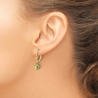 14K 5mm Yellow Gold Heart Peridot Bezel Leverback Dangle Earrings view 3