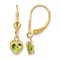 14K 5mm Yellow Gold Heart Peridot Bezel Leverback Dangle Earrings view 1