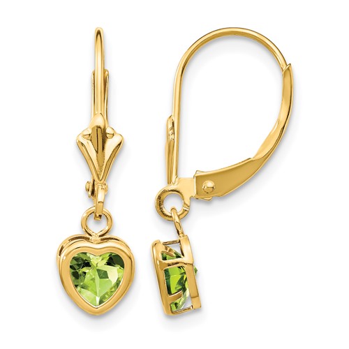 14K 5mm Yellow Gold Heart Peridot Bezel Leverback Dangle Earrings
