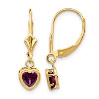 14K 5mm Yellow Gold Heart Rhodolite Garnet Bezel Leverback Dangle Earrings view 1