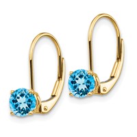 14K 5mm Yellow Gold Round Blue Topaz Leverback Earrings view 2