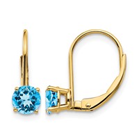 14K 5mm Yellow Gold Round Blue Topaz Leverback Earrings view 1