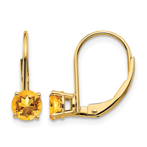 14K 5mm Yellow Gold Round Citrine Leverback Earrings