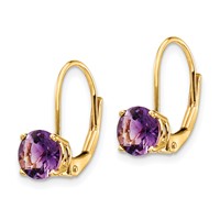 14K 6mm Yellow Gold Round Amethyst Leverback Earrings view 2
