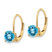 14K 6mm Yellow Gold Round Blue Topaz Leverback Earrings view 2