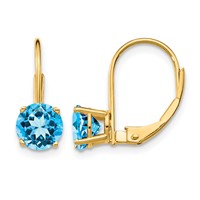 14K 6mm Yellow Gold Round Blue Topaz Leverback Earrings view 1