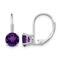14K White Gold 6mm Round Amethyst Leverback Earrings view 1