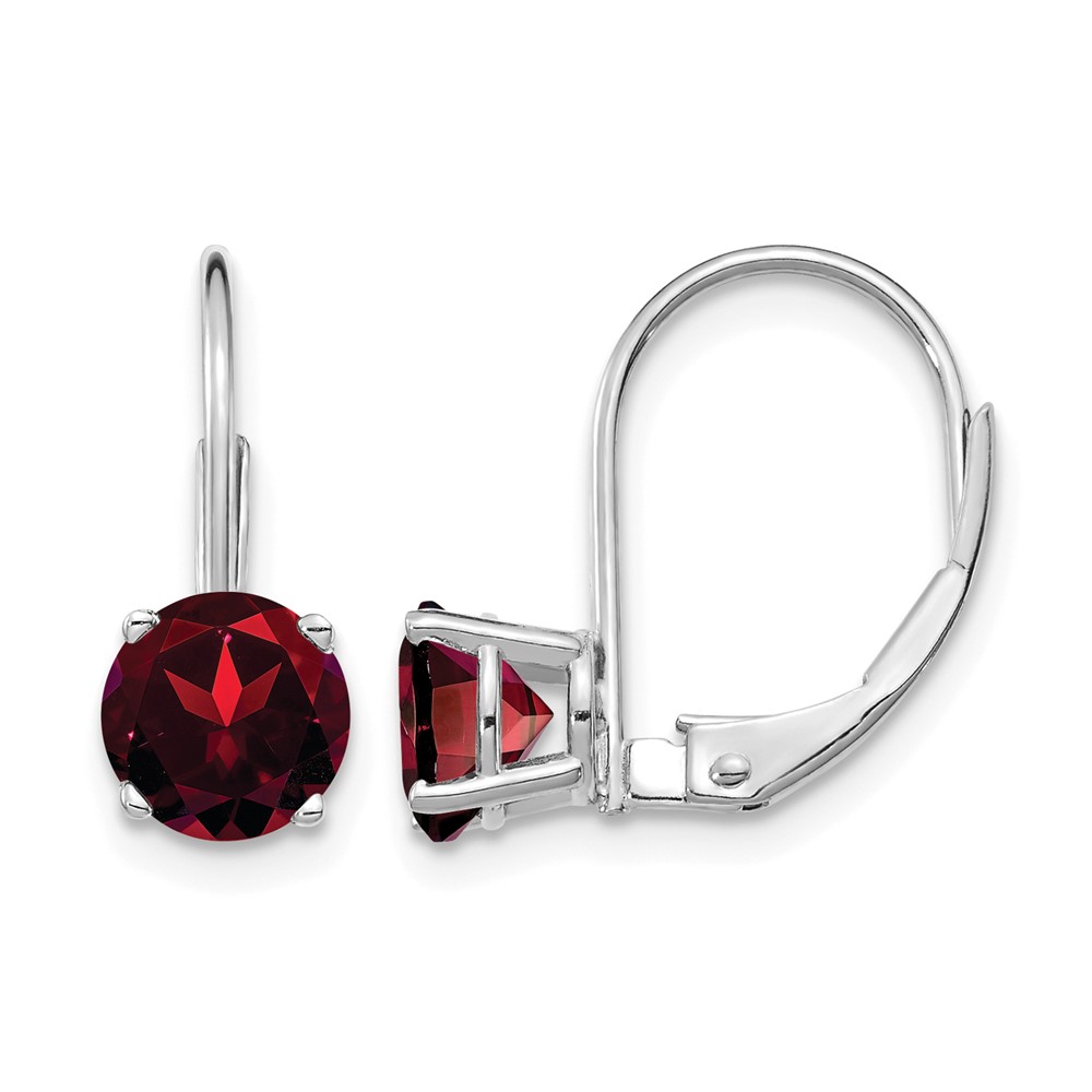 14K White Gold 6mm Round Garnet Leverback Earrings