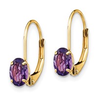 14K Yellow Gold 6x4mm Oval Amethyst Leverback Earrings view 2