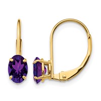 14K Yellow Gold 6x4mm Oval Amethyst Leverback Earrings view 1