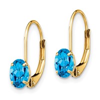 14K Yellow Gold 6x 4mm Oval Blue Topaz Leverback Earrings view 2