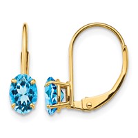14K Yellow Gold 6x 4mm Oval Blue Topaz Leverback Earrings view 1