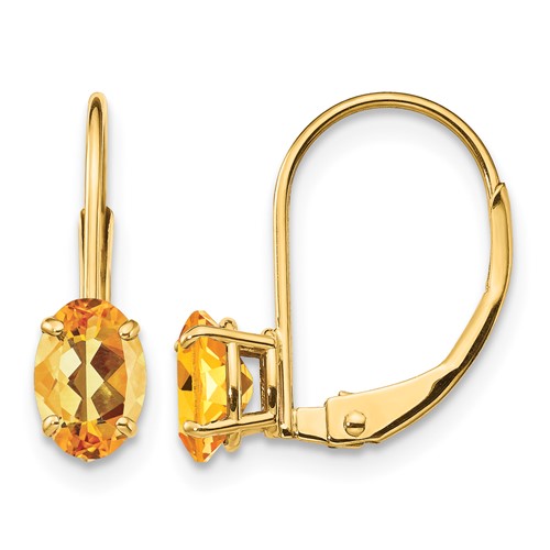 14K Yellow Gold 6x 4mm Oval Citrine Leverback Earrings
