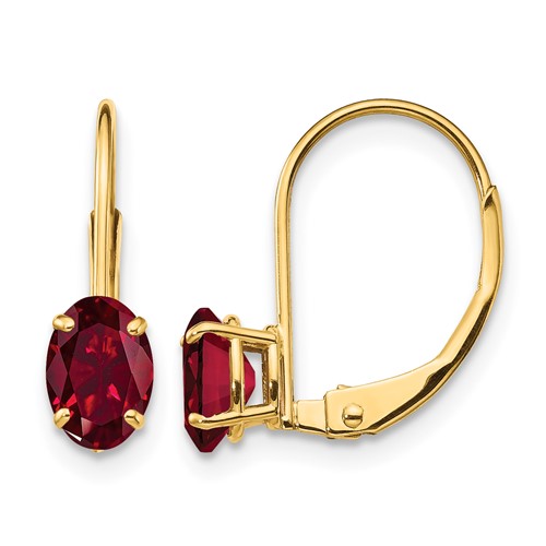 14K Yellow Gold 6x 4mm Oval Lab Created Ruby Leverback Earrings