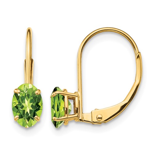 14K Yellow Gold 6x 4mm Oval Peridot Leverback Earrings