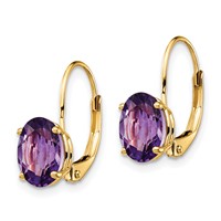 14K Yellow Gold 8x 6mm Oval Amethyst Leverback Earrings view 2