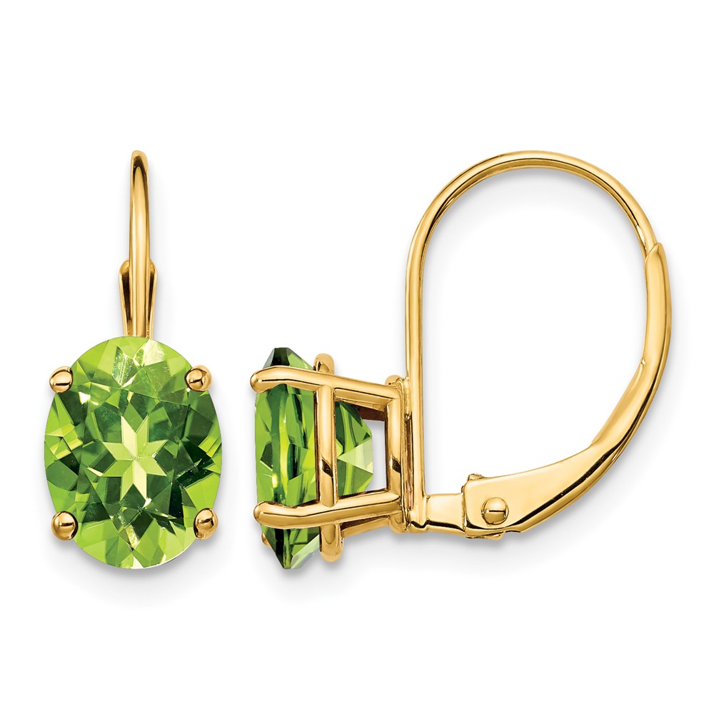 14K Yellow Gold 8x6mm Oval Peridot Leverback Earrings