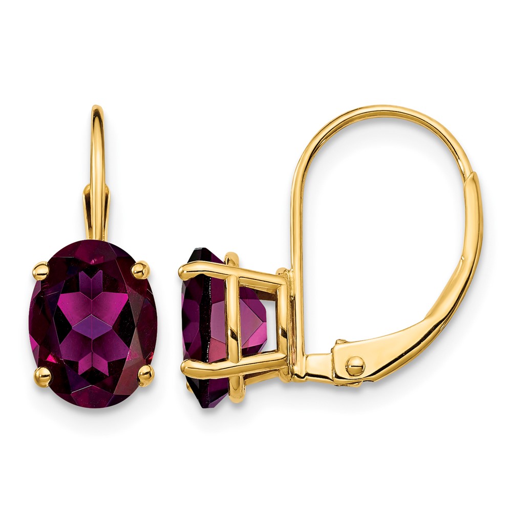 14K Yellow Gold 8x 6mm Oval Rhodolite Garnet Leverback Earrings