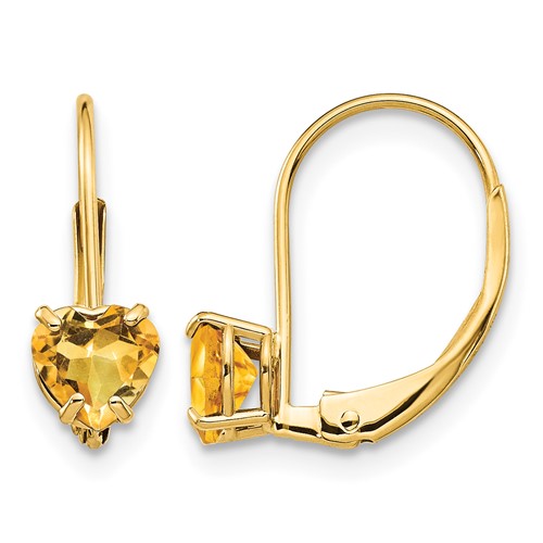 14K 5mm Yellow Gold Heart Citrine Leverback Earrings