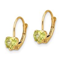 14K 5mm Yellow Gold Heart Peridot Leverback Earrings view 2