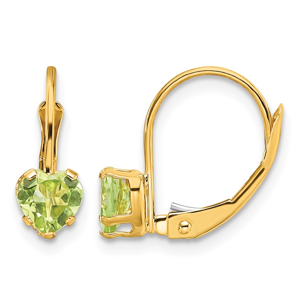 14K 5mm Yellow Gold Heart Peridot Leverback Earrings