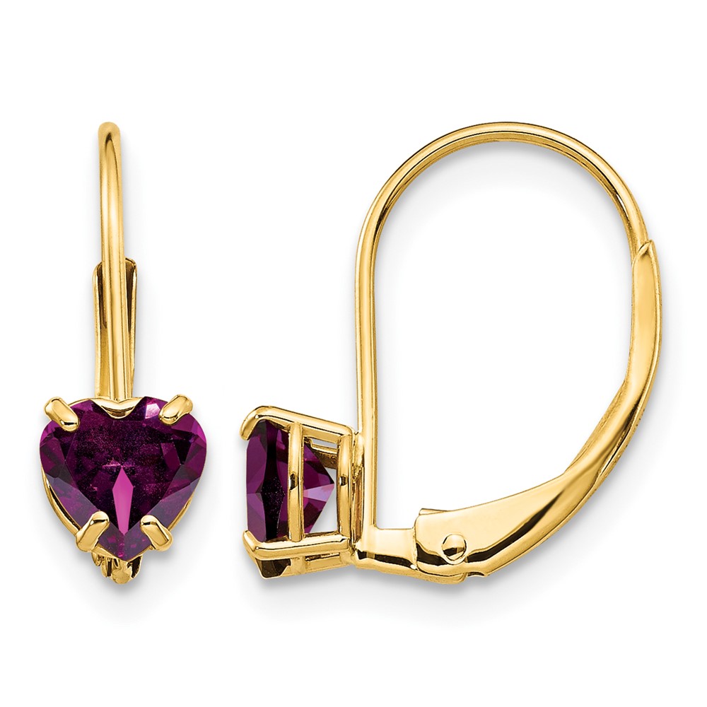 14K 5mm Yellow Gold Heart Rhodolite Garnet Leverback Earrings