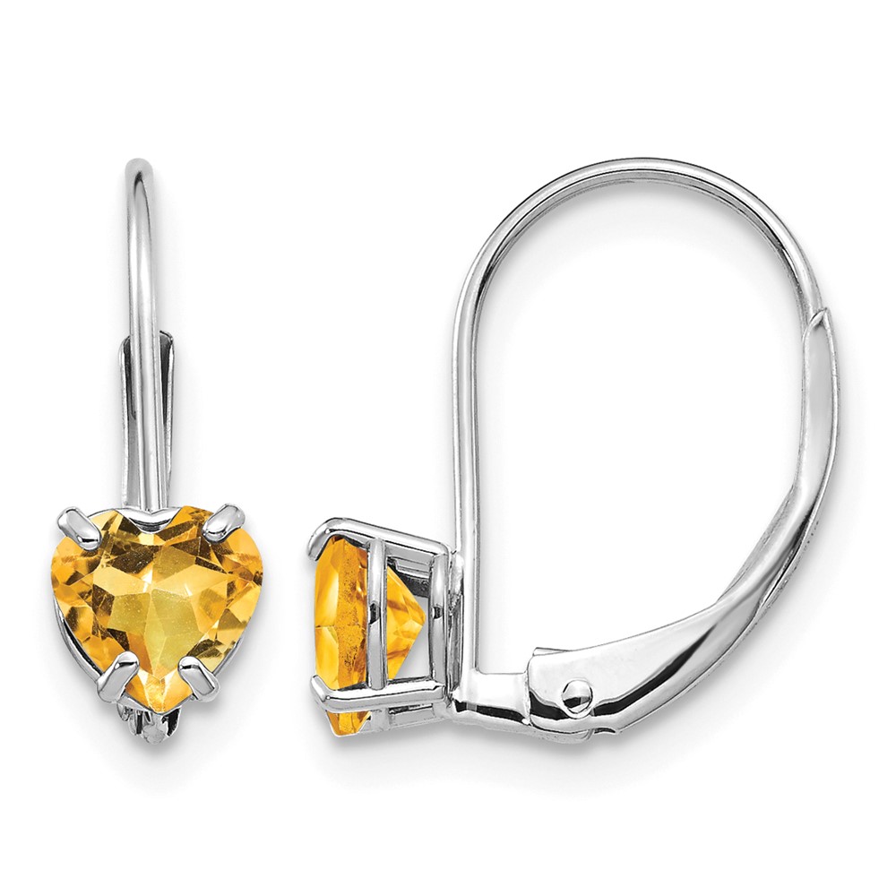 14K White Gold 5mm Heart Citrine Leverback Earrings