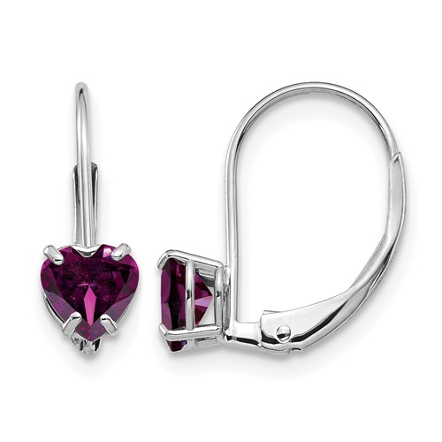 14K White Gold 5mm Heart Rhodolite Garnet Leverback Earrings