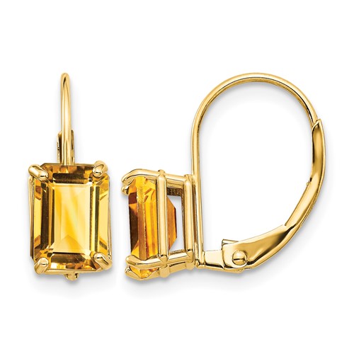 14K Yellow Gold 7x 5mm Emerald-cut Citrine Leverback Earrings